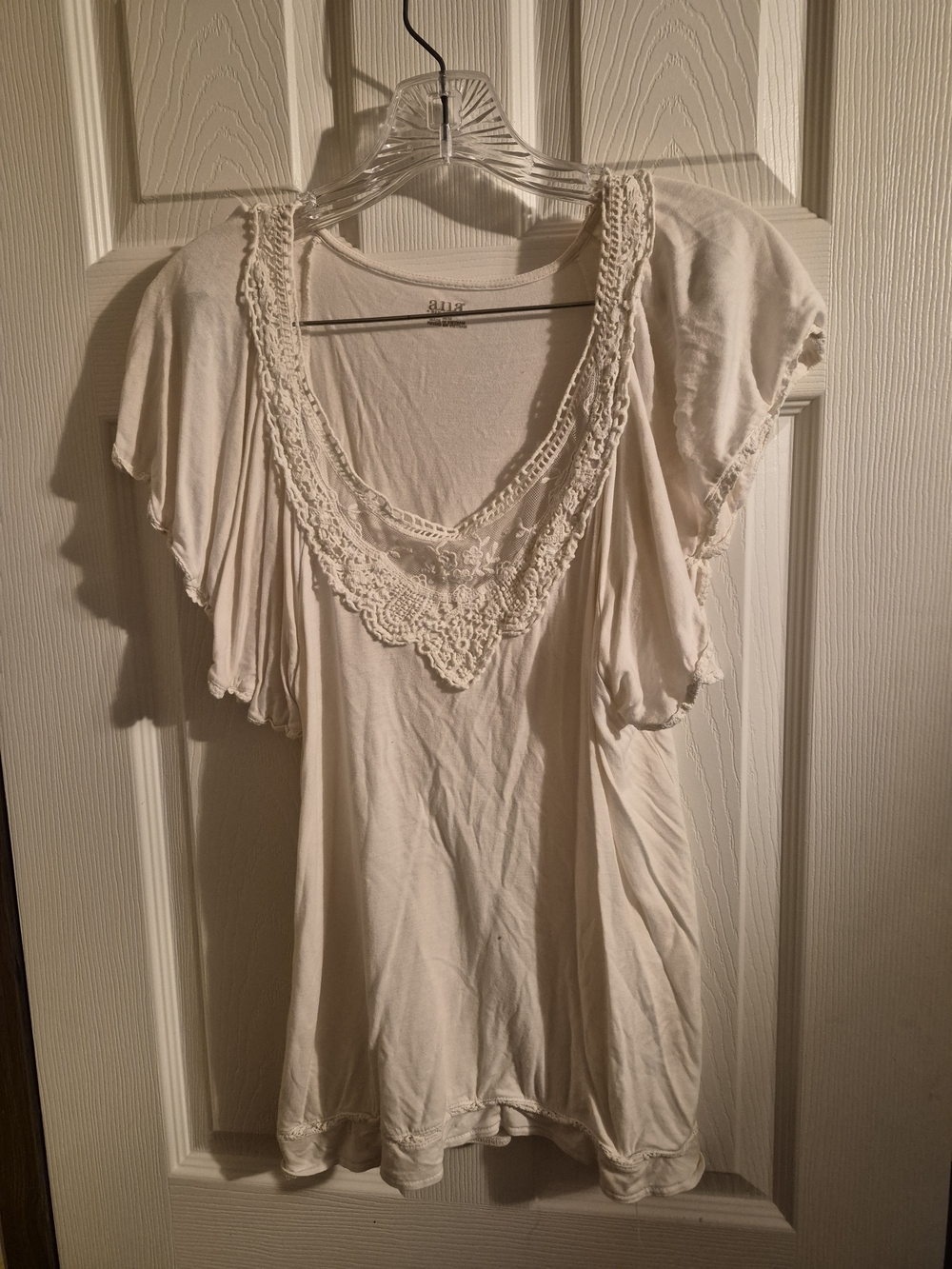 Relaxed Cream Crochet-Trim Flutter Sleeve Blouse